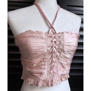 Free People Cropped Pink Ruffle Ribbon Top Sleeveless Medium Smocked Coquette